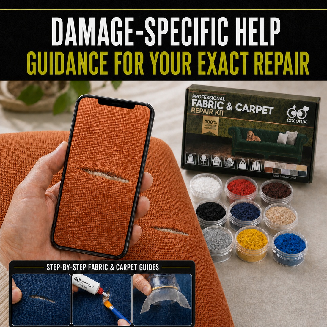Customer photographing a realistic woven fabric tear for damage-specific Coconix Fabric & Carpet Repair Kit guidance