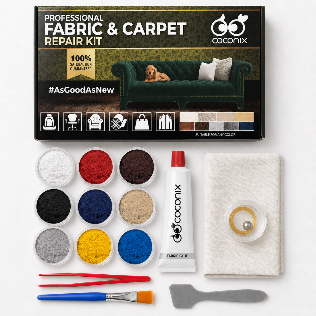 Coconix Fabric and Carpet Repair Kit - Mix and Match Any Color complete kit contents