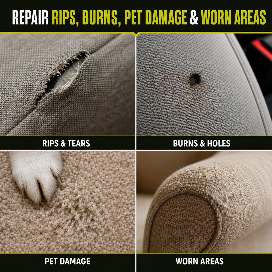 Fabric and carpet repair kit for rips, burns, pet damage and worn areas