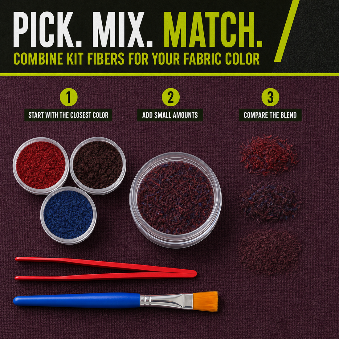 How to mix Coconix kit fibers to match fabric and carpet colors