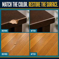 Before and after repairs of a walnut furniture corner and an oak hardwood floor with the Coconix Floor & Furniture Repair Kit