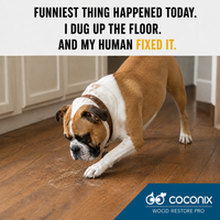 Mischievous dog pawing a hardwood floor beside repairable shallow scratches and gouges