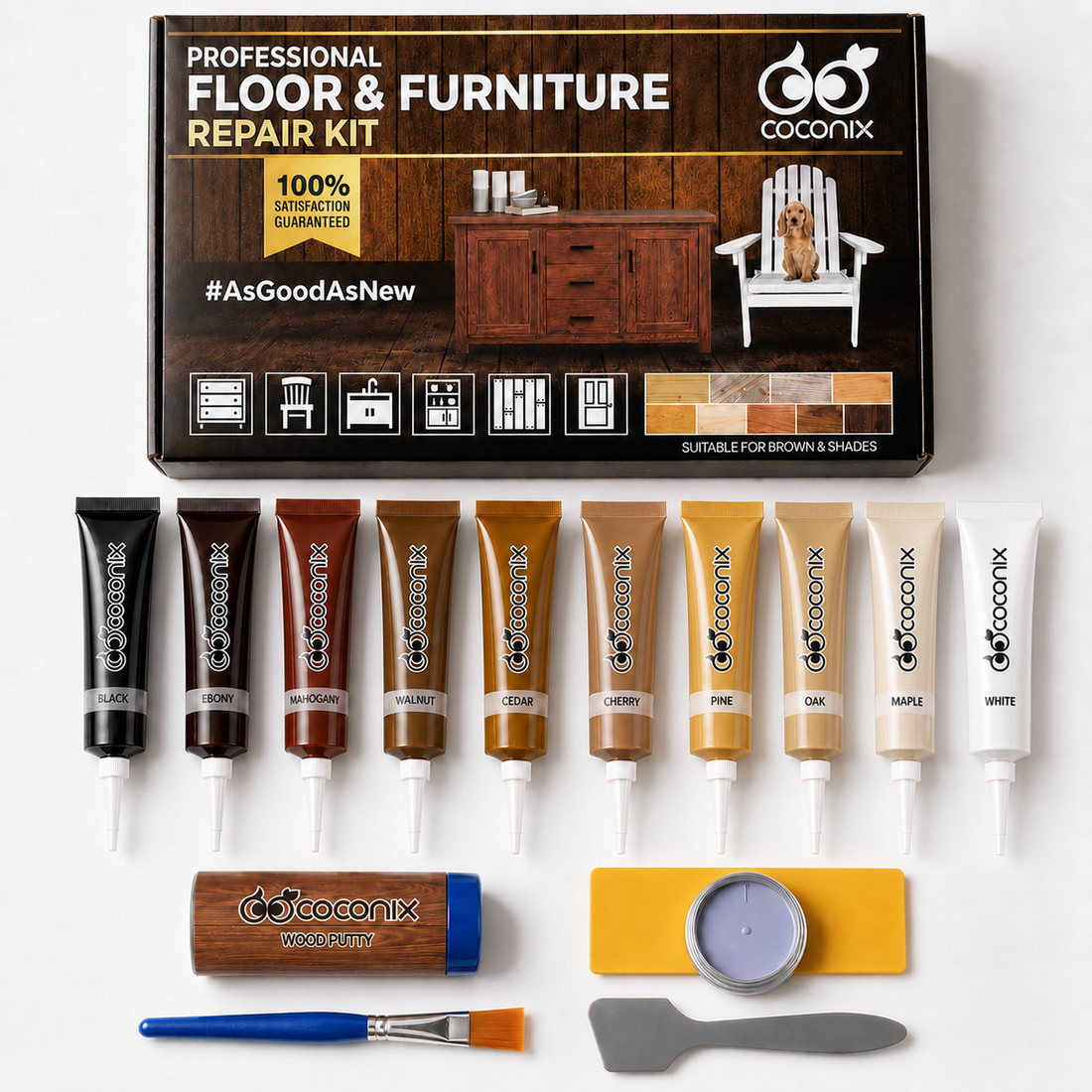 Coconix Floor and Furniture Repair Kit Brown and Shades with ten repair compounds, epoxy wood putty, mixing jar, brush and spatula