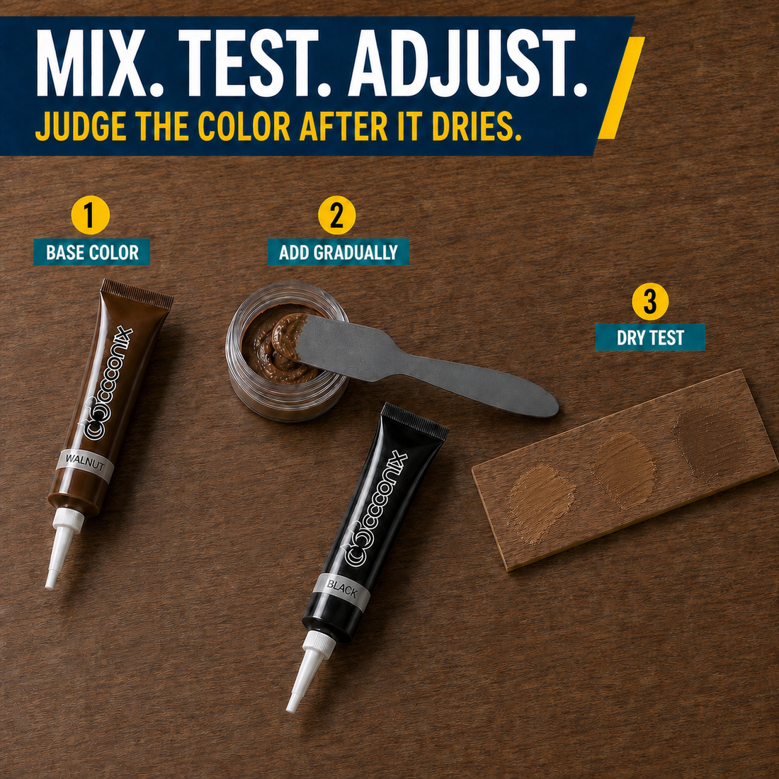 Mix one base color, adjust gradually and test the dried Floor and Furniture Repair Kit color