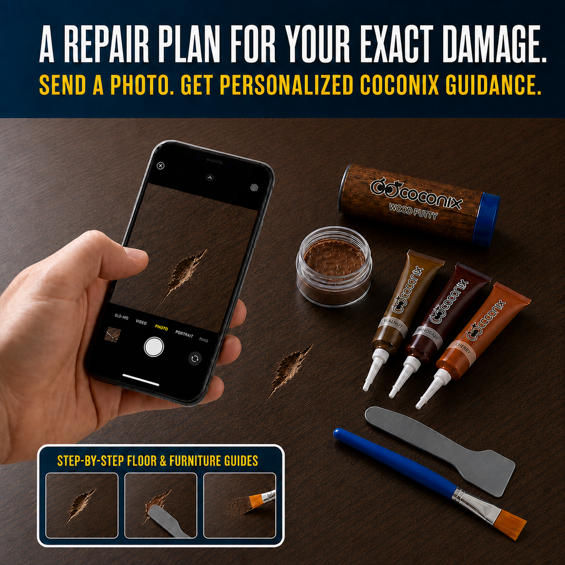 Personalized Coconix photo support with a walnut-brown repair mixture matching the tabletop