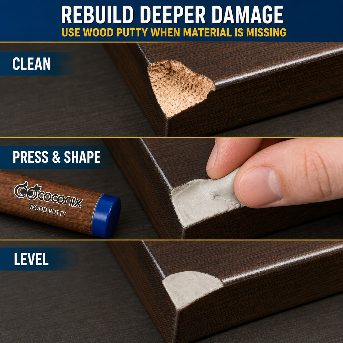 Rebuild deeper missing wood damage with Coconix Wood Putty