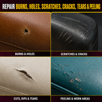 Repairable burns, holes, scratches, cracks, cuts, tears, peeling and worn leather or vinyl