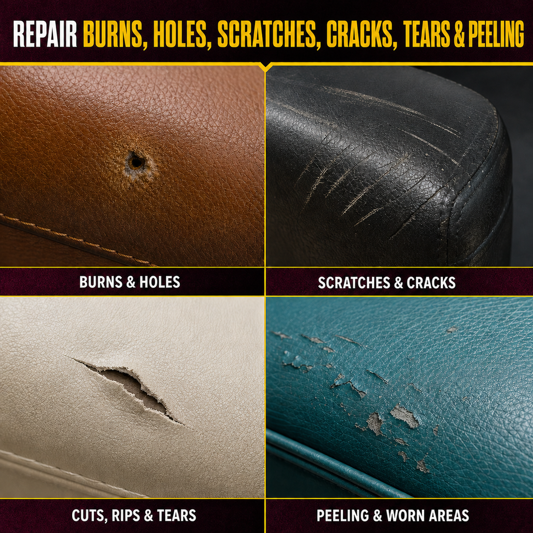 Repairable burns, holes, scratches, cracks, cuts, tears, peeling and worn leather or vinyl