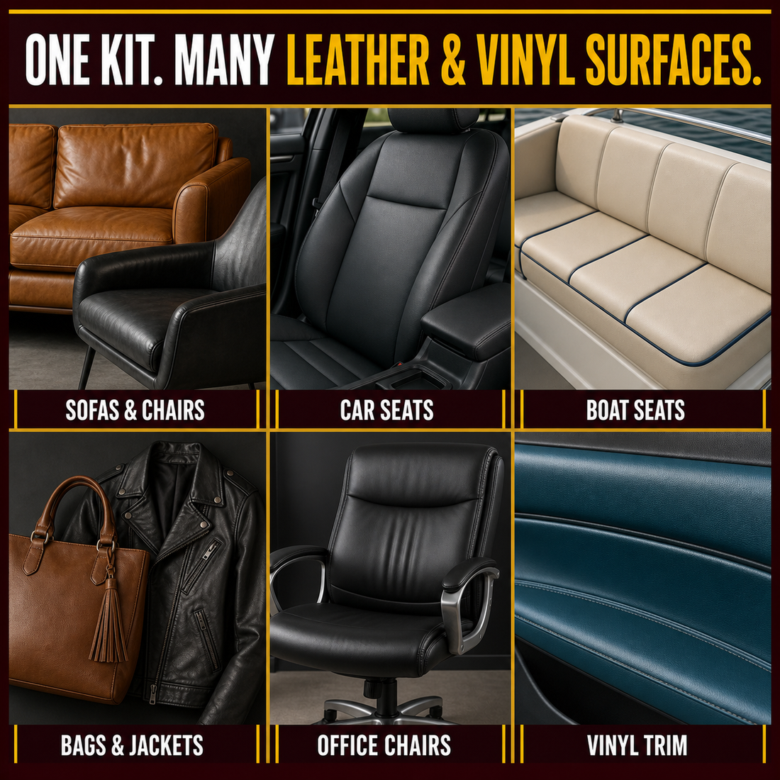 Compatible leather sofa, vinyl car seat, boat seat, bag, jacket, office chair and vinyl trim surfaces
