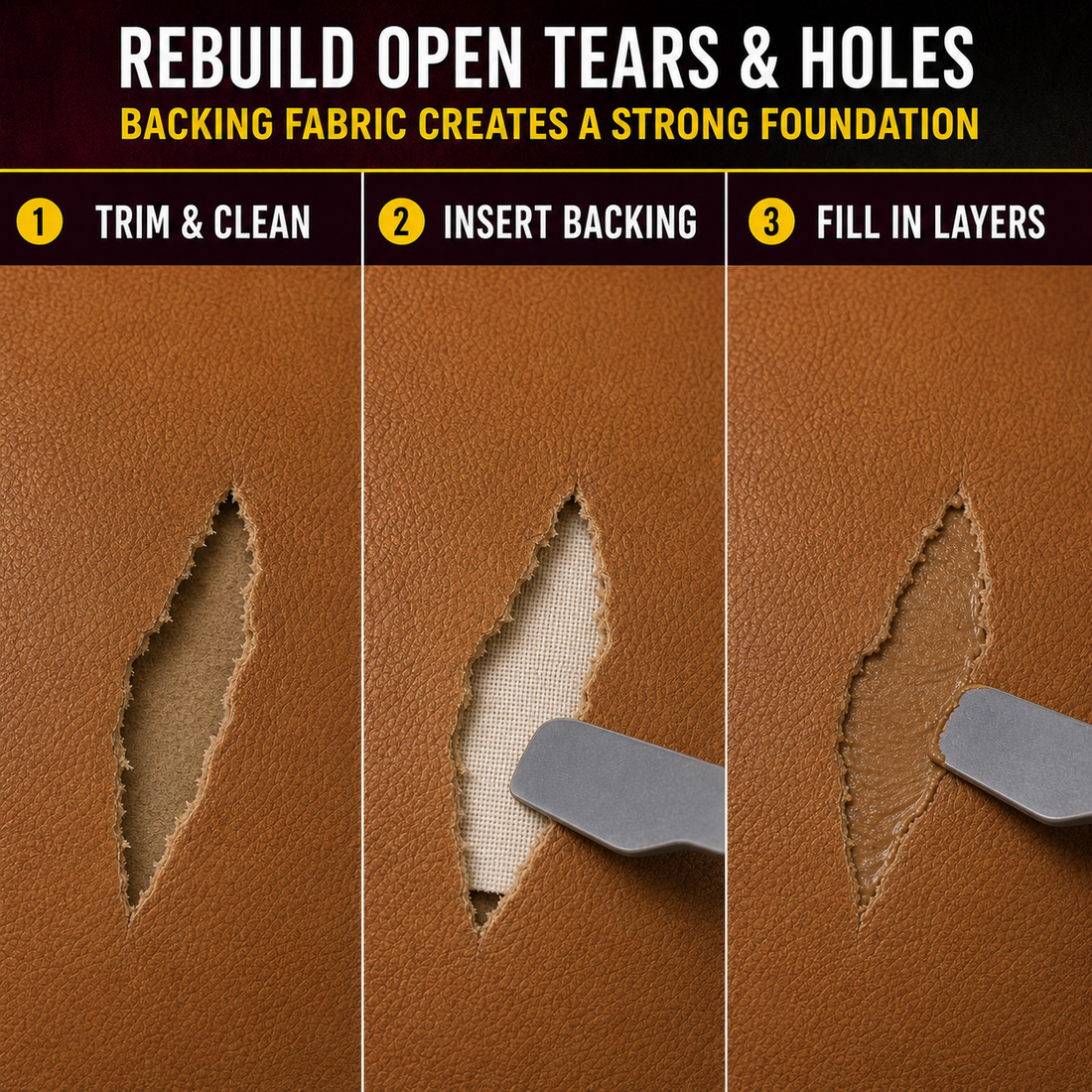 Realistic leather tear repair with intact backing fabric and layered repair compound