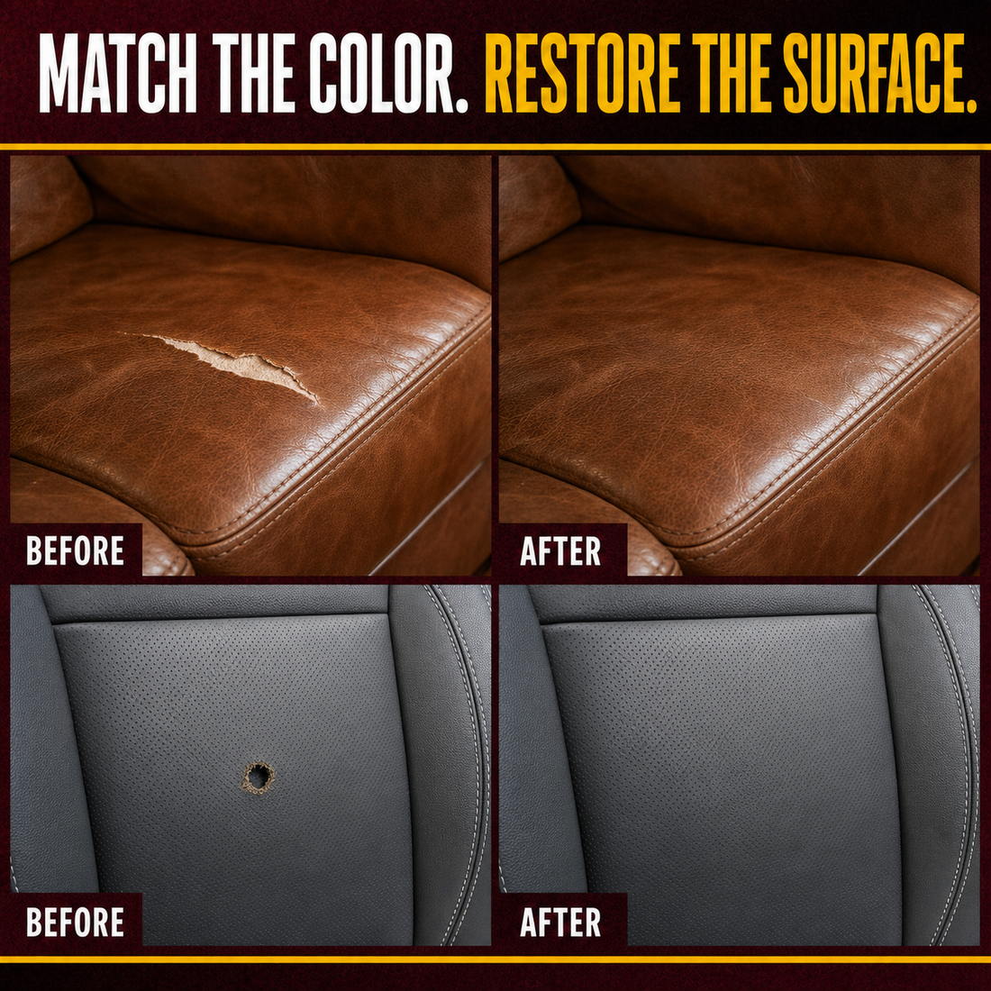 Before and after repairs of a leather sofa tear and a cigarette burn hole in a vinyl car seat