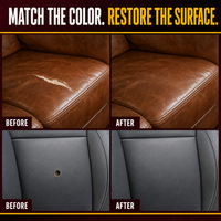 Before and after repairs of a leather sofa tear and a cigarette burn hole in a vinyl car seat