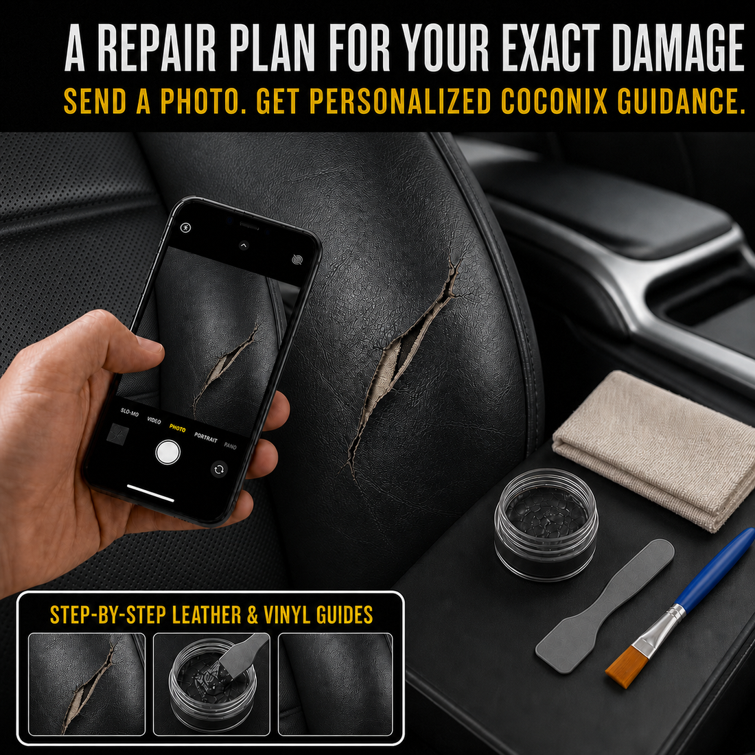 Customer photographing a realistic black leather car seat tear for personalized Coconix repair and color-matching guidance