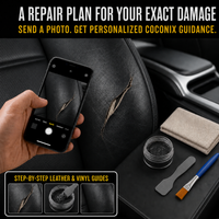 Customer photographing a realistic black leather car seat tear for personalized Coconix repair and color-matching guidance