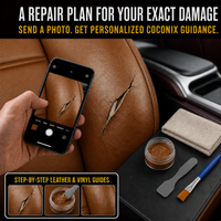 Customer photographing a realistic brown leather car seat tear for personalized Coconix repair and color-matching guidance