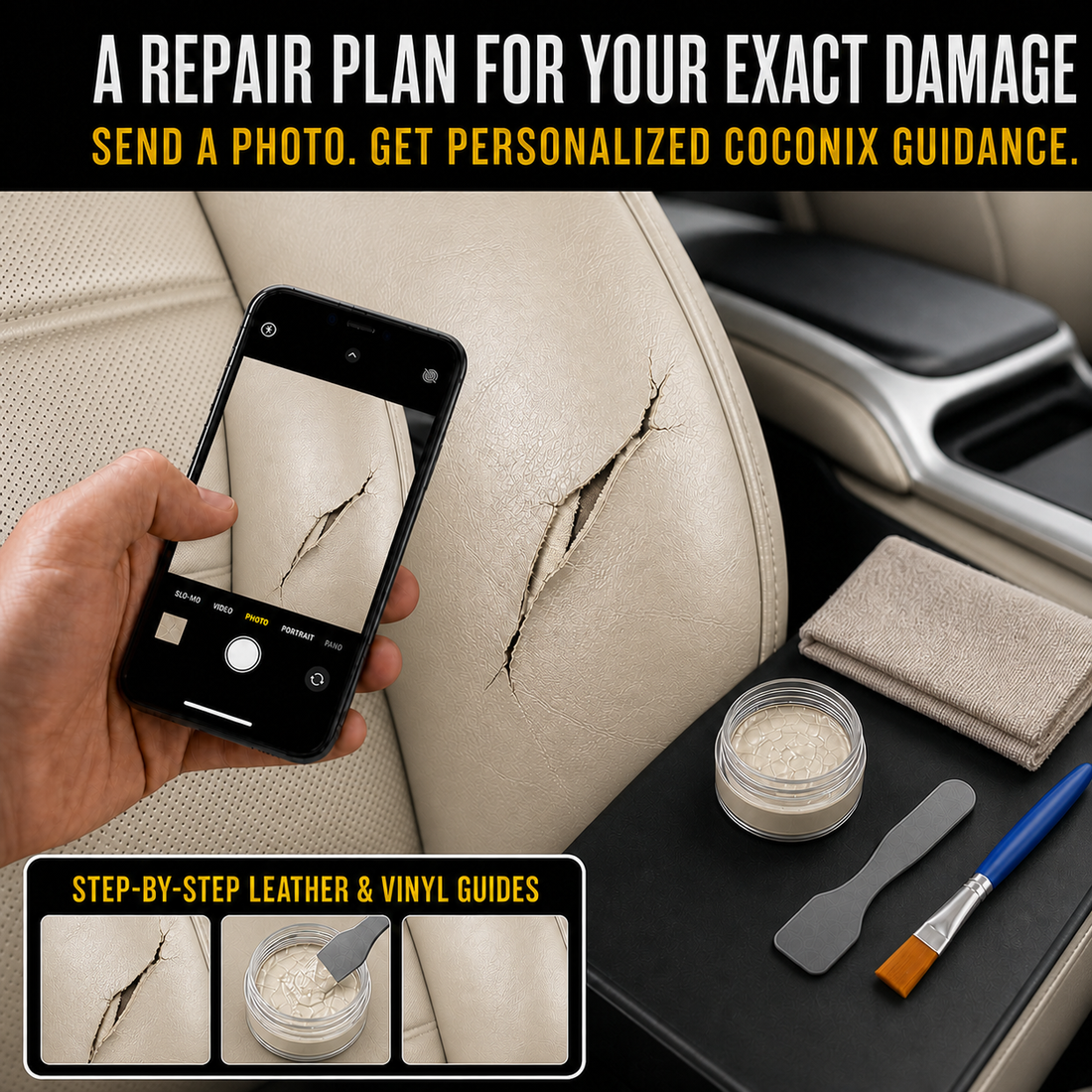 Customer photographing a realistic white leather car seat tear for personalized Coconix repair and color-matching guidance
