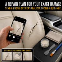Customer photographing a realistic white leather car seat tear for personalized Coconix repair and color-matching guidance