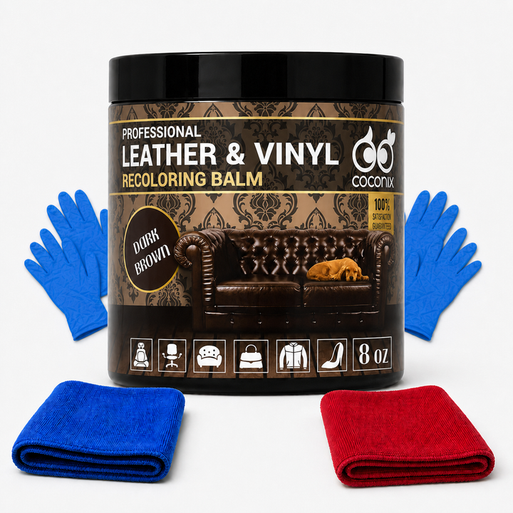 Coconix Leather and Vinyl Recoloring Balm - Dark Brown kit contents