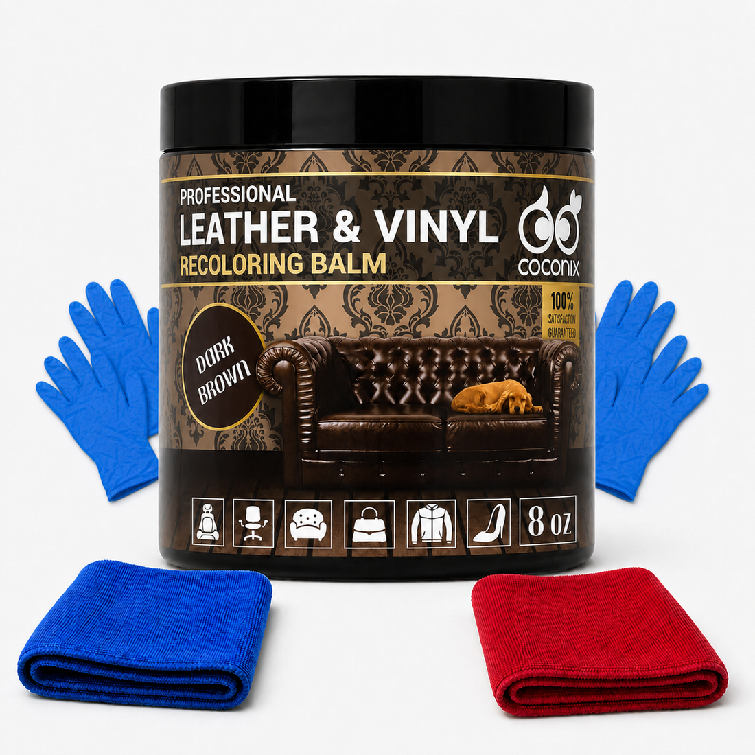 Coconix Leather and Vinyl Recoloring Balm - Dark Brown kit contents