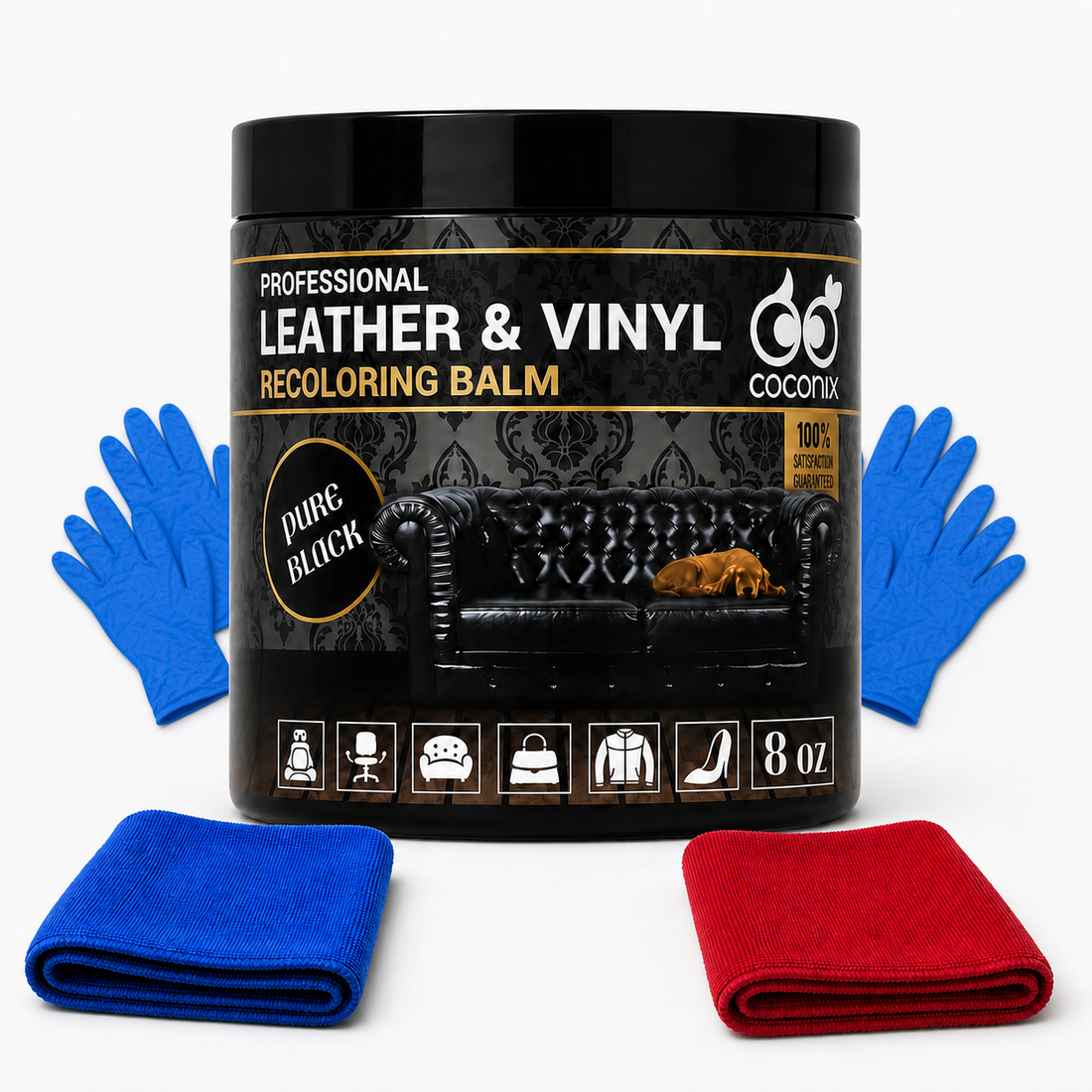 Coconix Leather and Vinyl Recoloring Balm - Pure Black kit contents