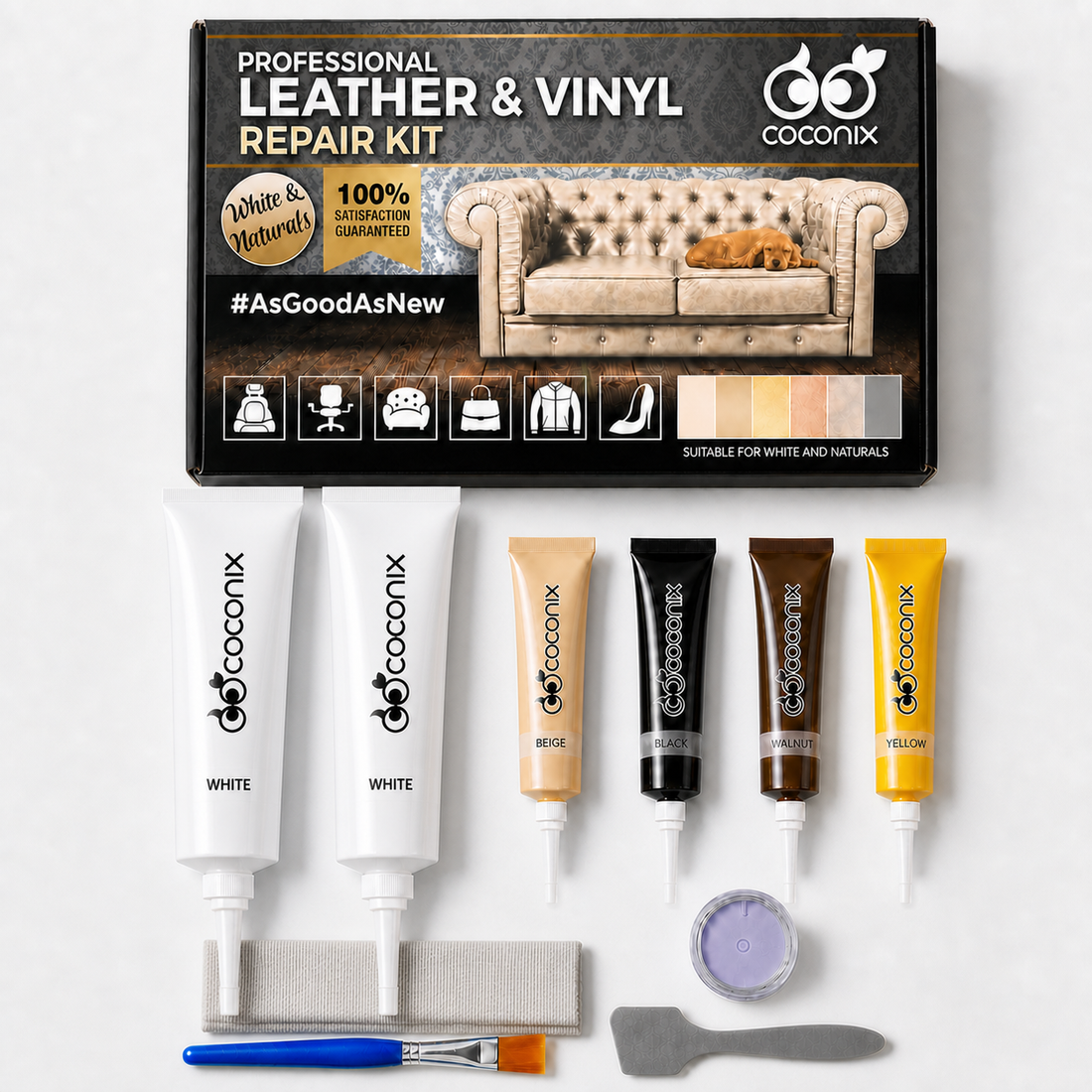 Coconix Leather and Vinyl Repair Kit - White and Shades kit contents