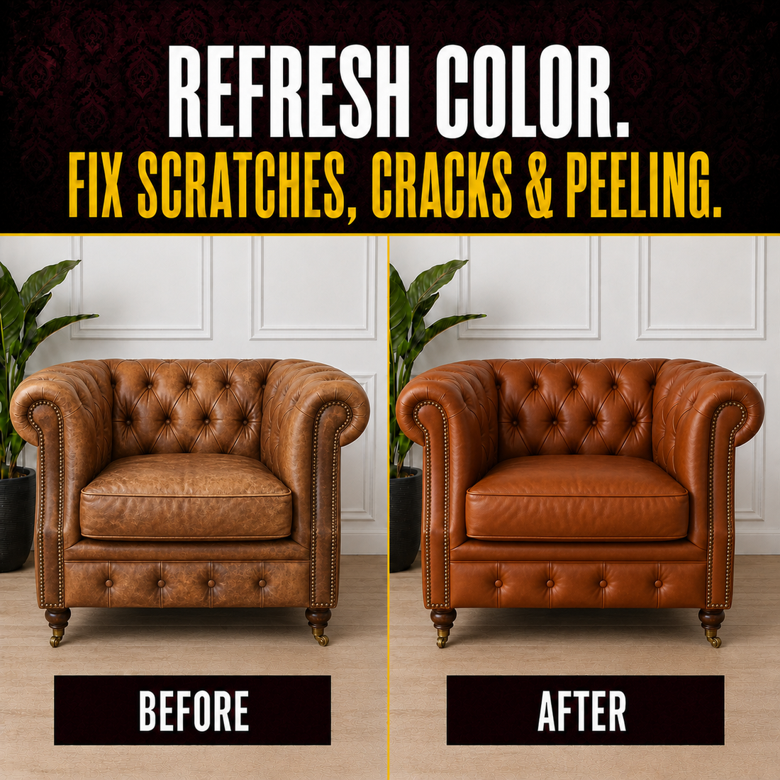 Before and after fine-grain cognac leather with realistic fading, stains and wear restored in Cognac Tan with Coconix Recoloring Balm