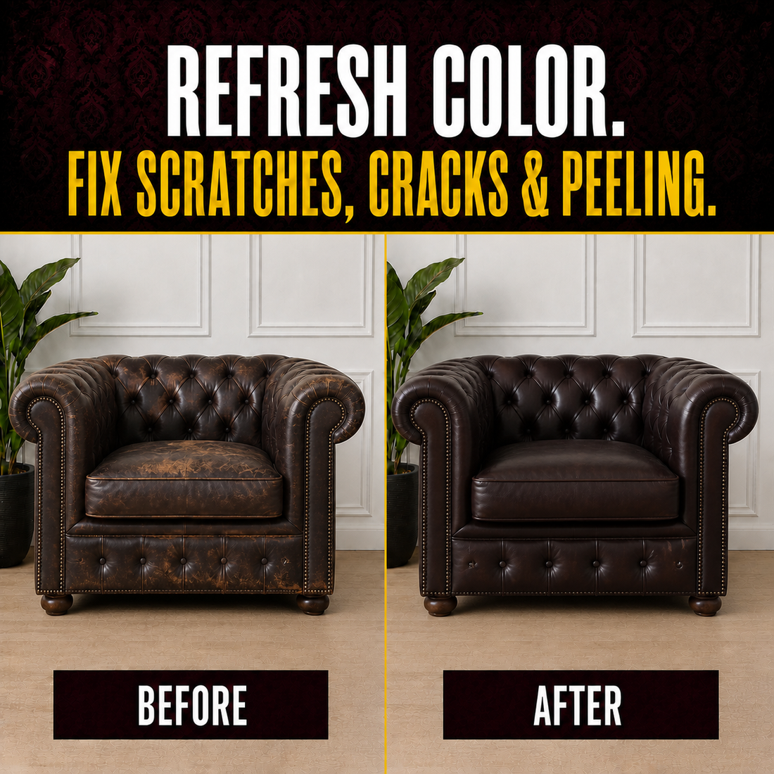 Before and after fine-grain dark brown leather with realistic fading, stains and wear restored in Dark Brown with Coconix Recoloring Balm