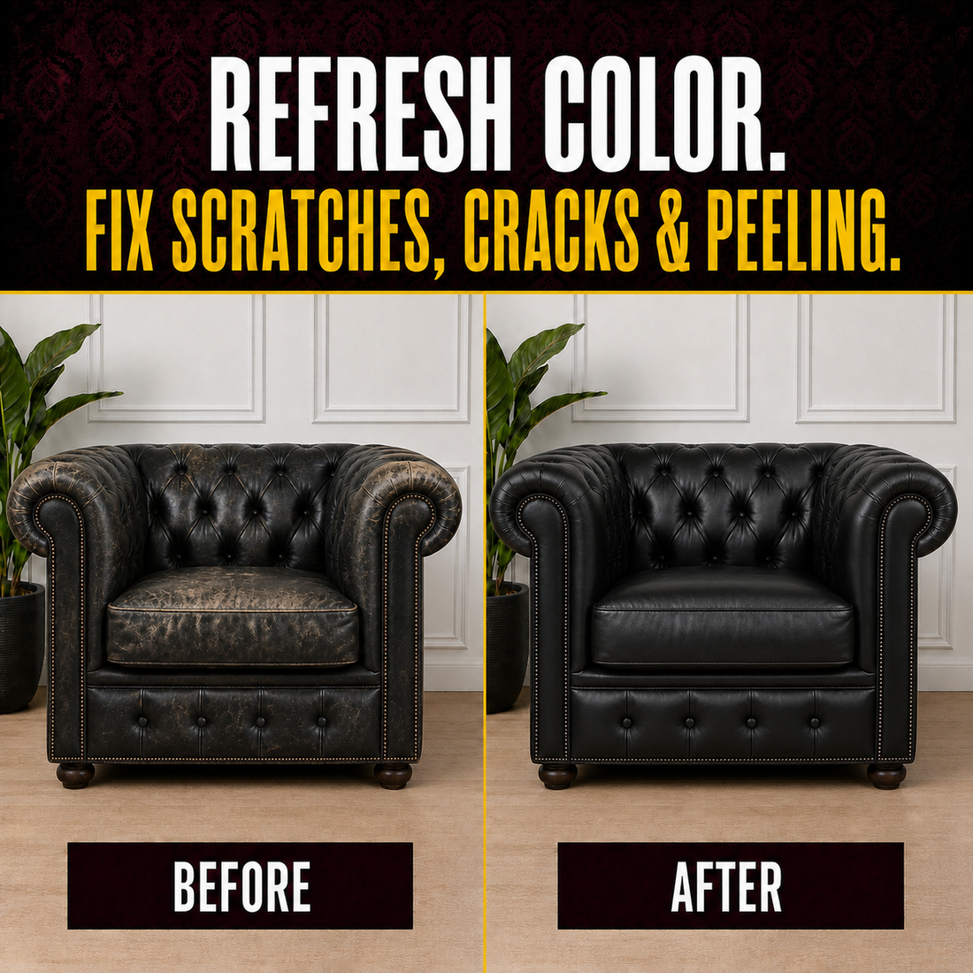 Before and after fine-grain black leather with realistic fading, stains and wear restored in Pure Black with Coconix Recoloring Balm