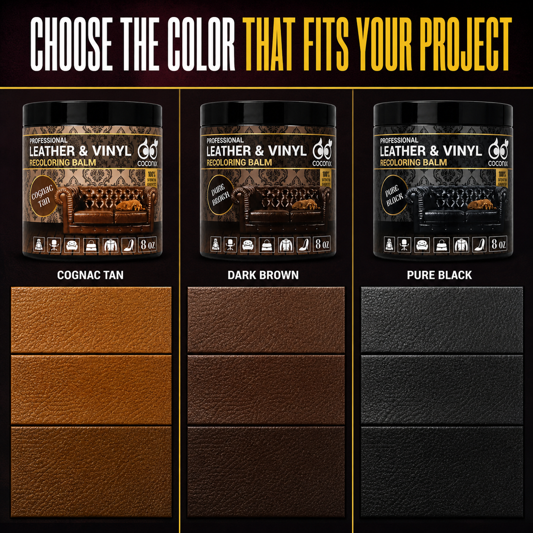 Coconix Leather and Vinyl Recoloring Balm color choices in Cognac Tan, Dark Brown and Pure Black