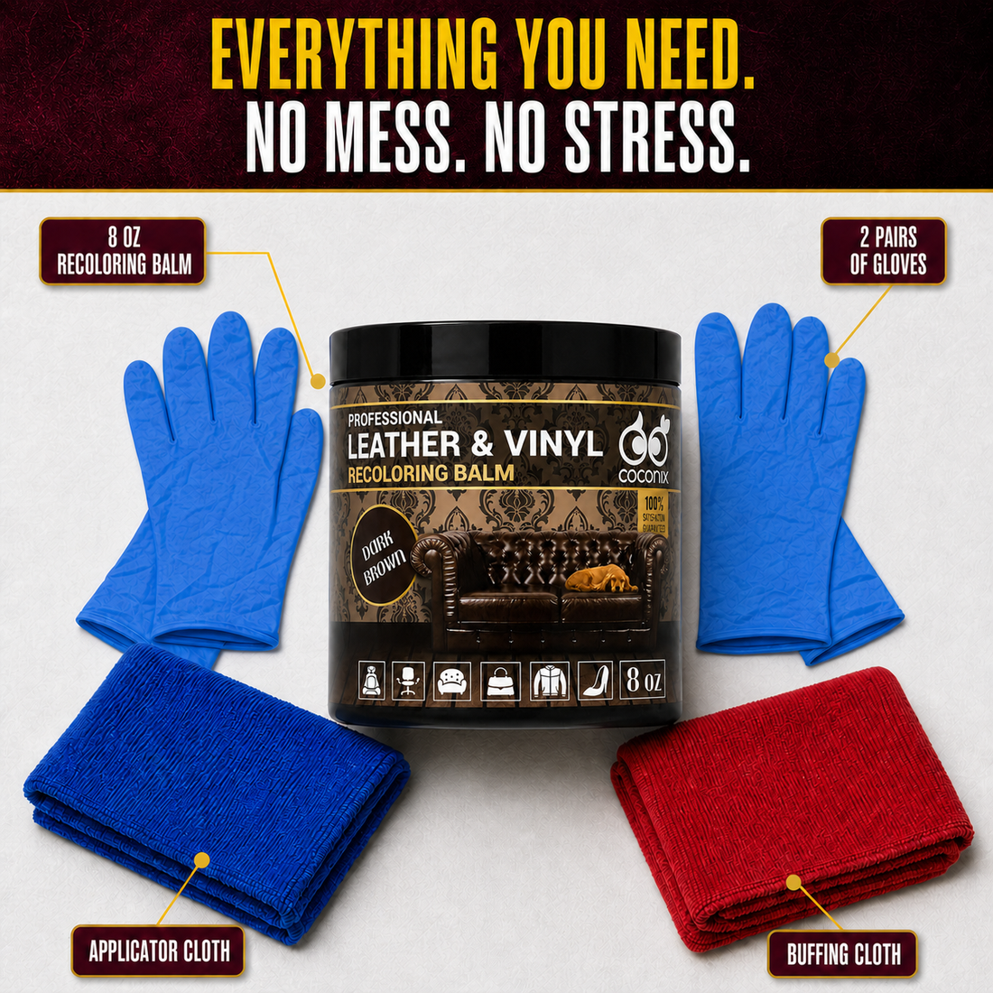 Coconix Dark Brown Recoloring Balm with two pairs of gloves, applicator cloth and buffing cloth