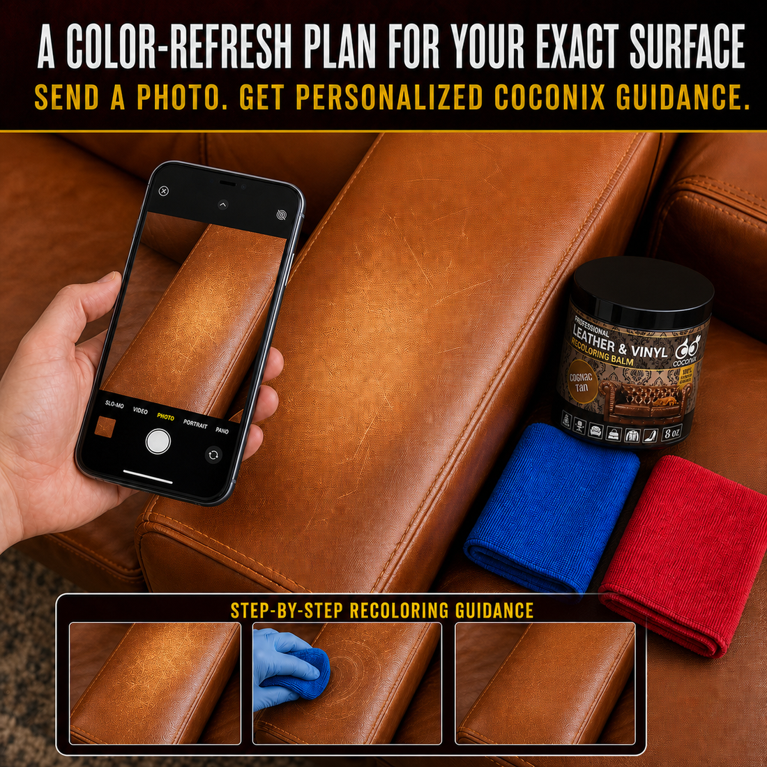 Customer photographing faded cognac leather for personalized Coconix recoloring guidance