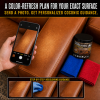 Customer photographing faded cognac leather for personalized Coconix recoloring guidance