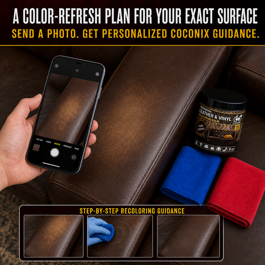 Customer photographing faded dark brown leather for personalized Coconix recoloring guidance