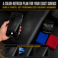 Customer photographing faded black leather for personalized Coconix recoloring guidance