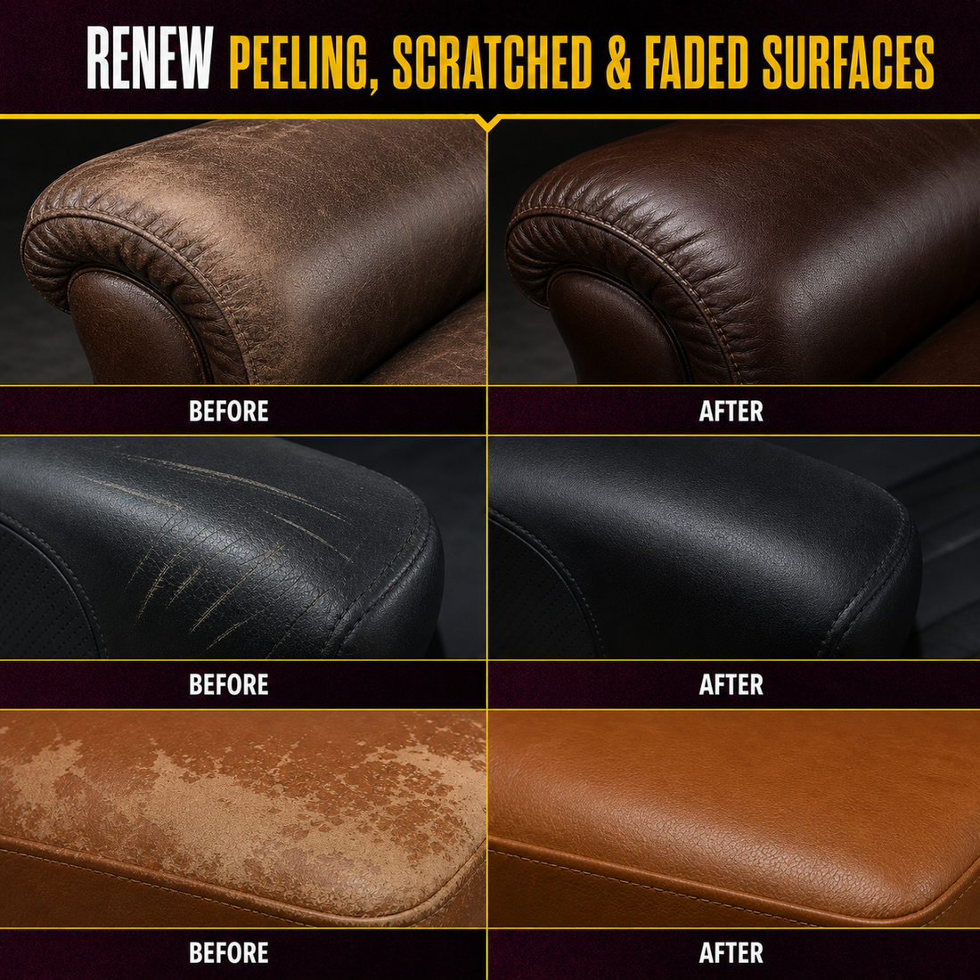 Coconix Leather and Vinyl Recoloring Balm before and after faded, scratched and peeling surfaces