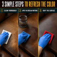 Three steps to clean, apply Coconix recoloring balm in circular motions and buff the leather or vinyl surface