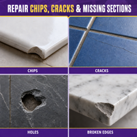Examples of repairable chips, cracks, holes and broken edges in tile and stone