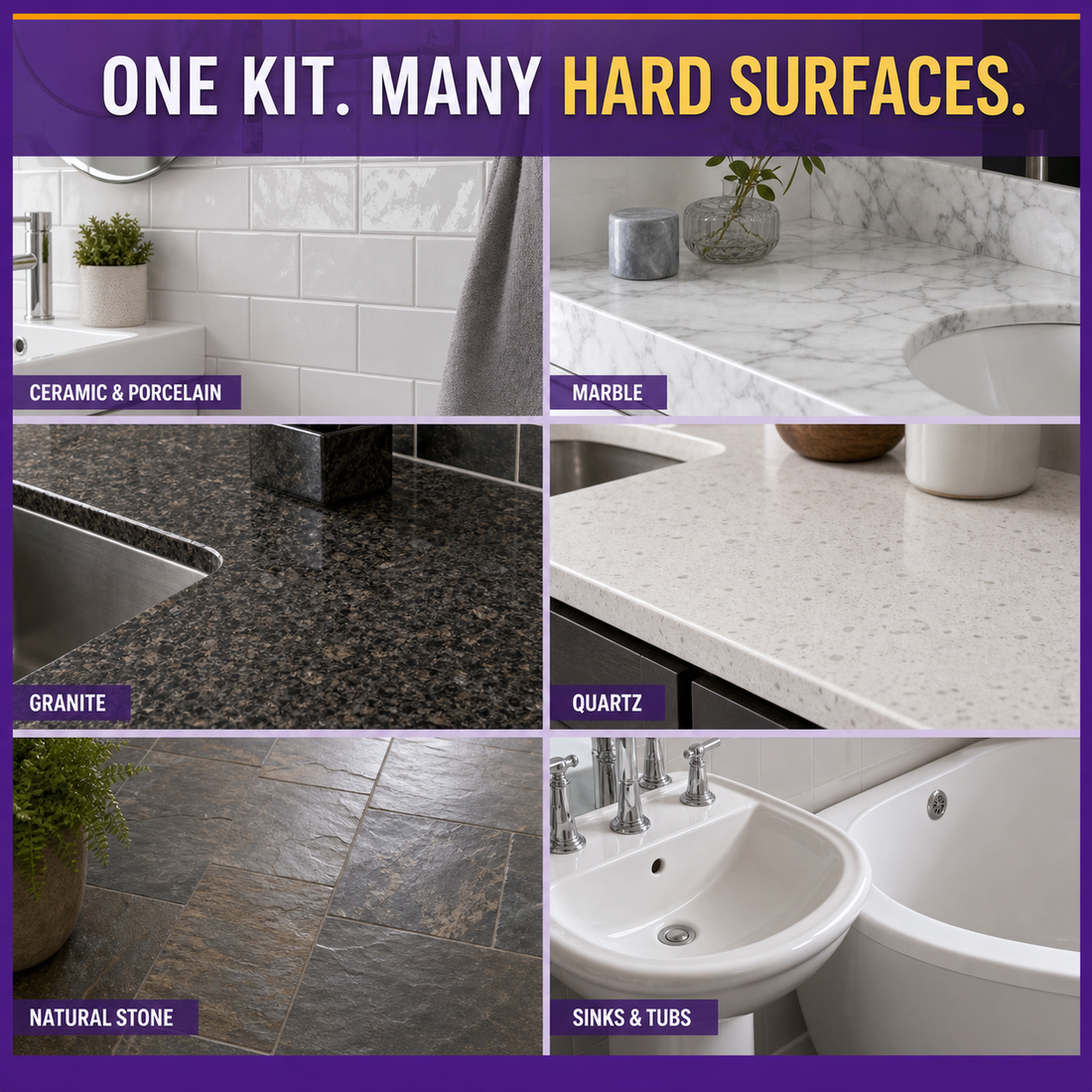 Compatible ceramic, porcelain, marble, granite, quartz, natural stone, sink and tub surfaces