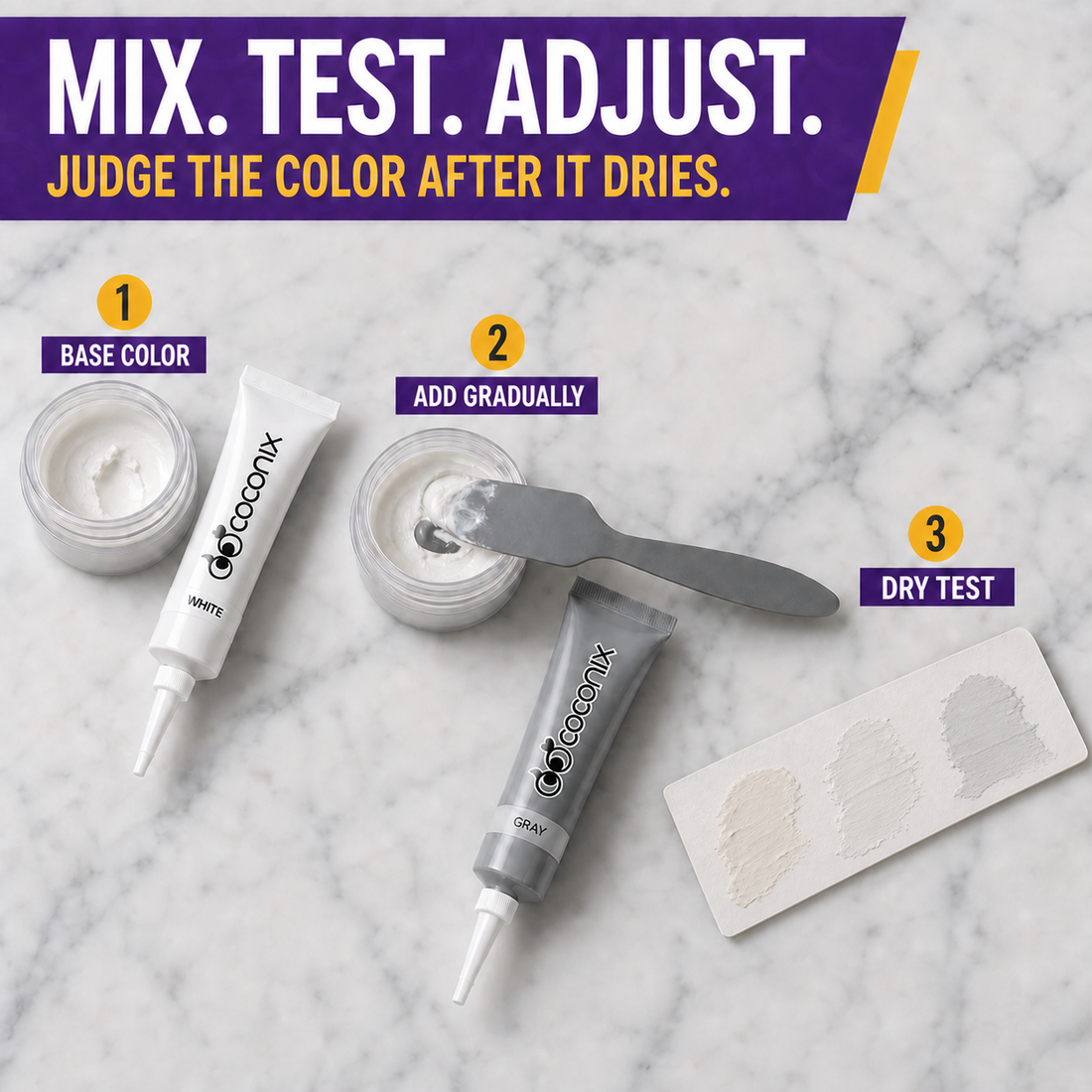 Mixing Coconix repair compounds and testing dried color against white marble