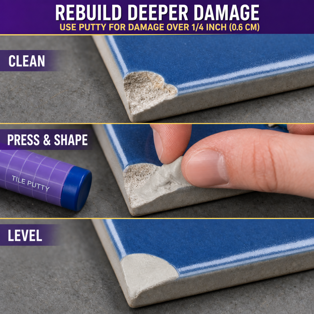Epoxy tile putty rebuilding a deep chipped tile corner before color matching