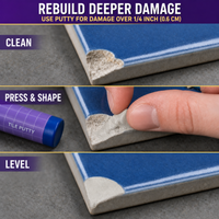 Epoxy tile putty rebuilding a deep chipped tile corner before color matching