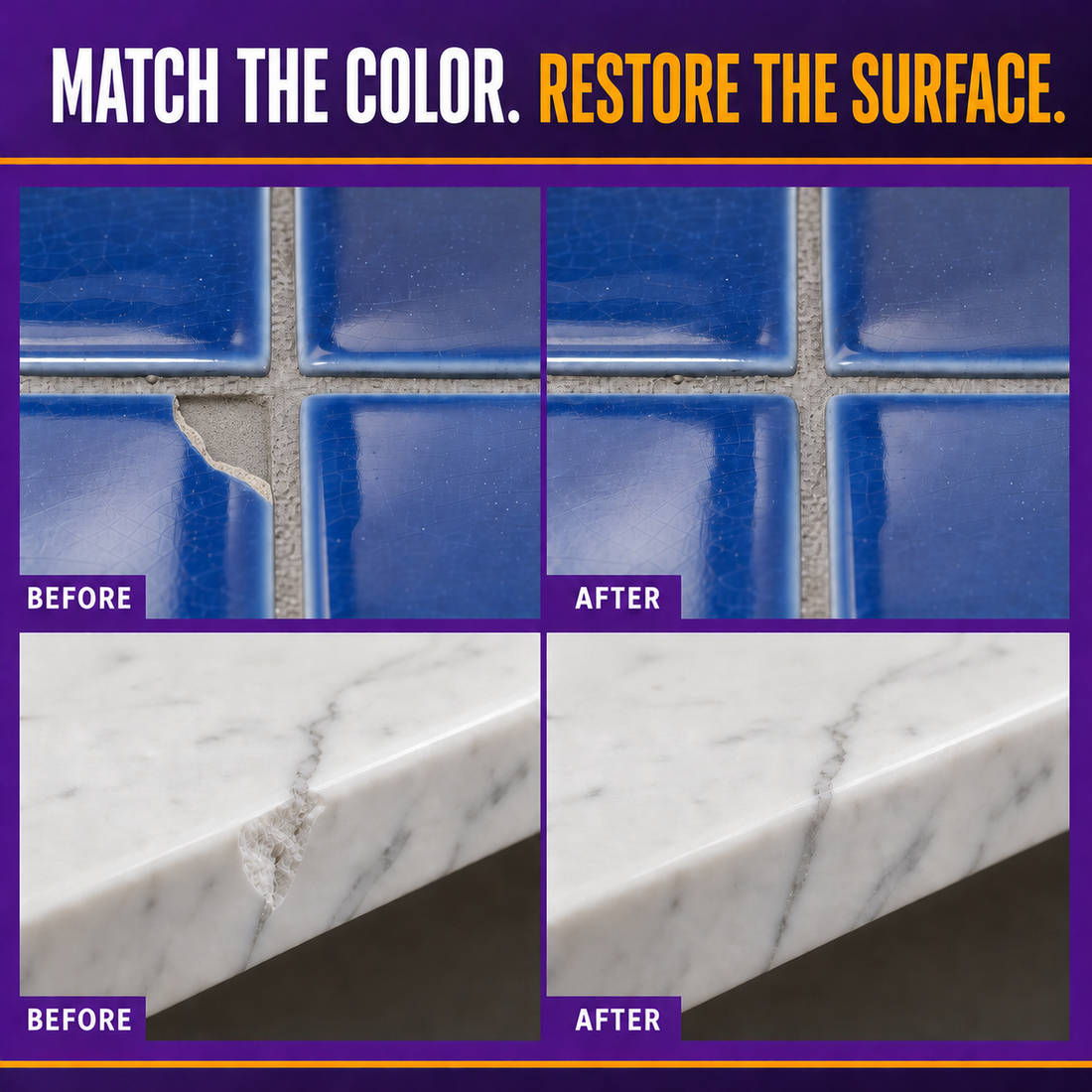 Before and after repairs showing a large missing corner on a blue glazed ceramic tile and a white marble edge spall