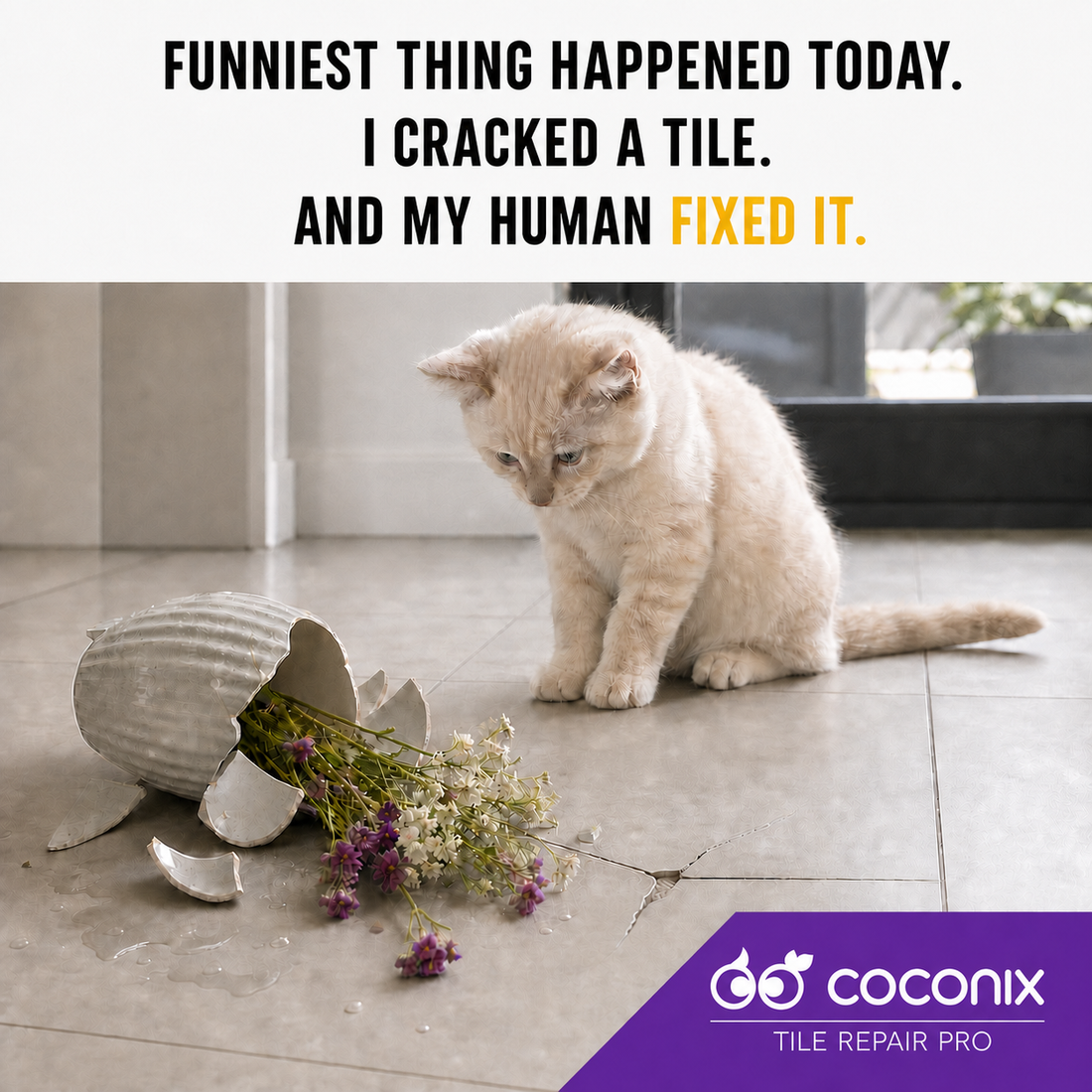Cat beside a broken planter and cracked floor tile in a Coconix Tile Repair PRO scene
