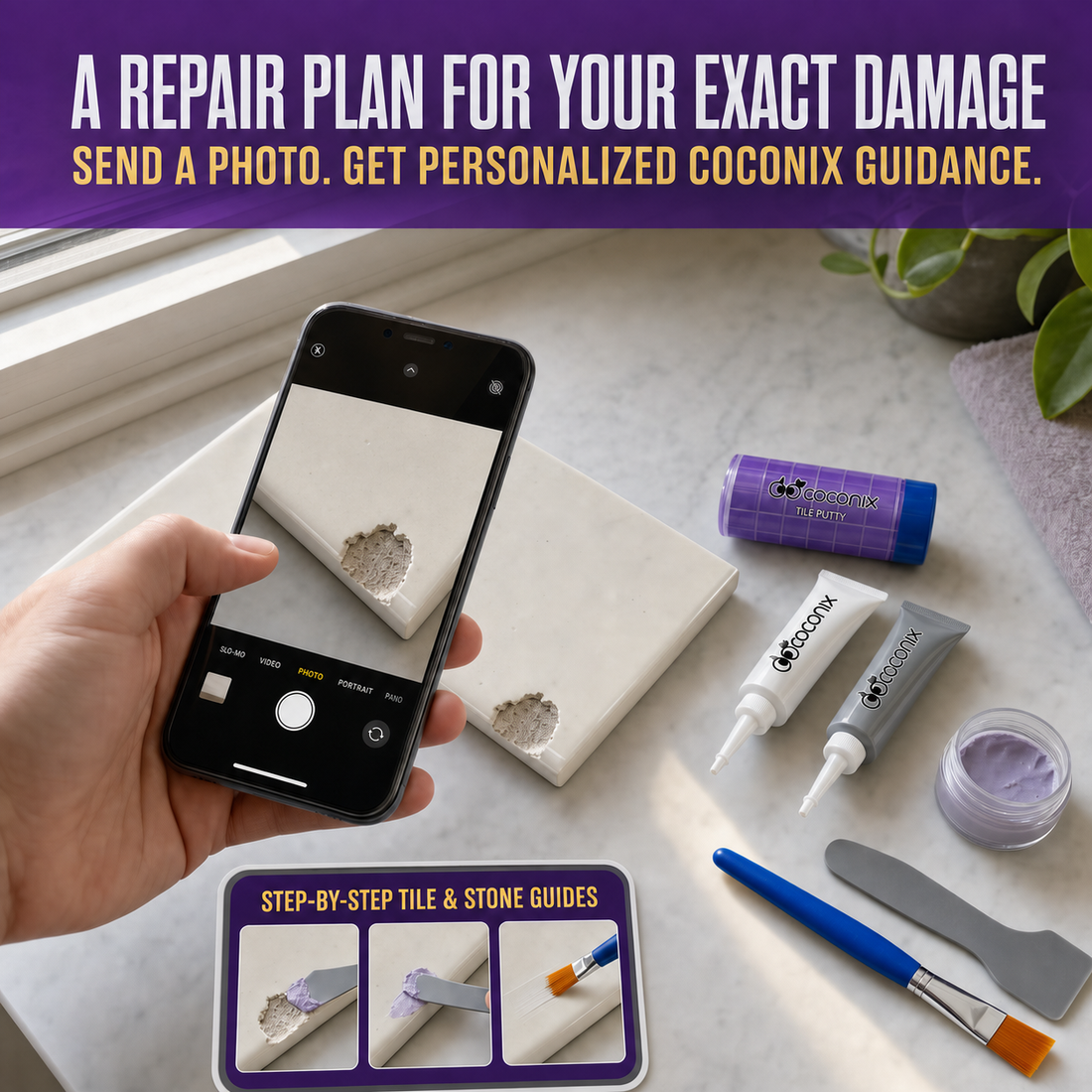 Customer photographing a chipped tile with the same damage accurately shown on the phone screen