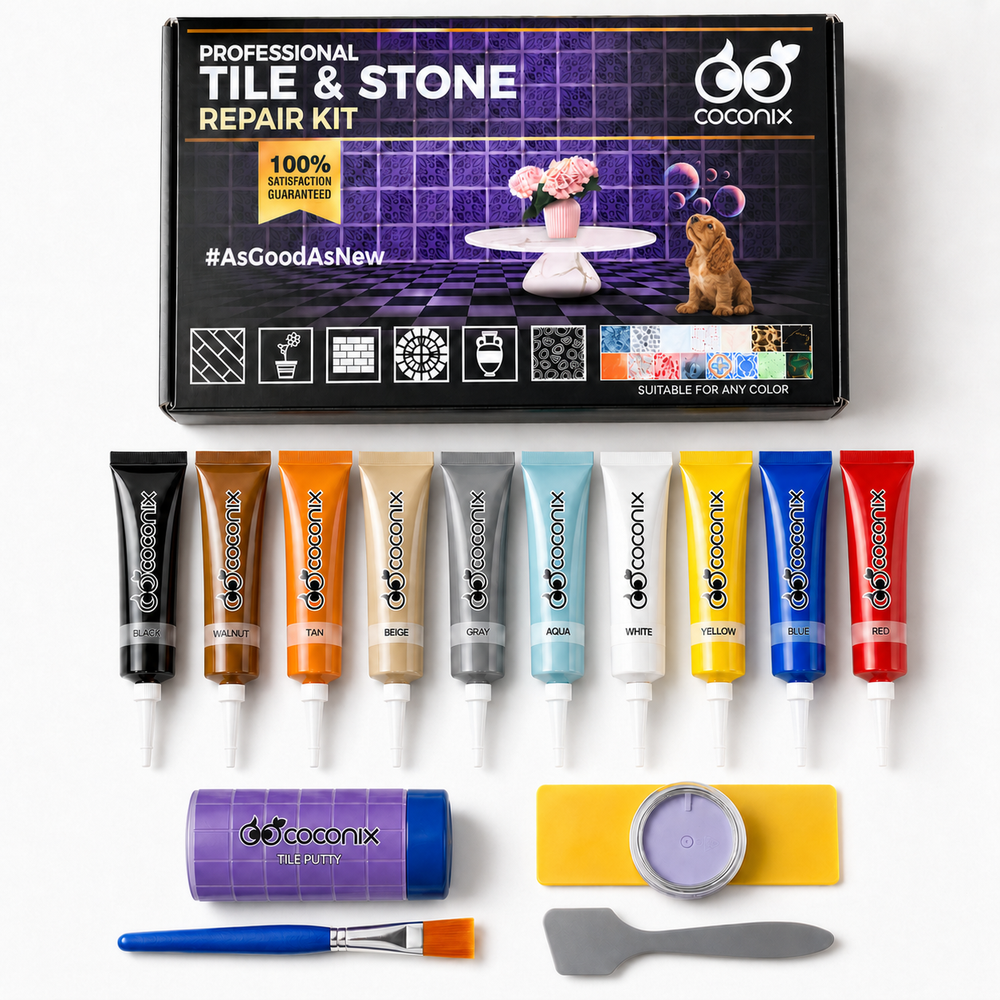 Coconix Tile and Stone Repair Kit with epoxy putty, 10 mixable colors, jar, blue brush and gray spatula