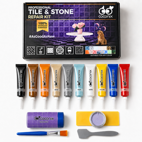 Coconix Tile and Stone Repair Kit with epoxy putty, 10 mixable colors, jar, blue brush and gray spatula